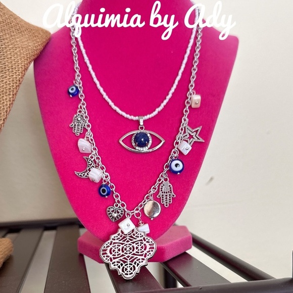 Lapis lazuli mother of pearl beaded layered multi charms maximalist necklace - Picture 4 of 7